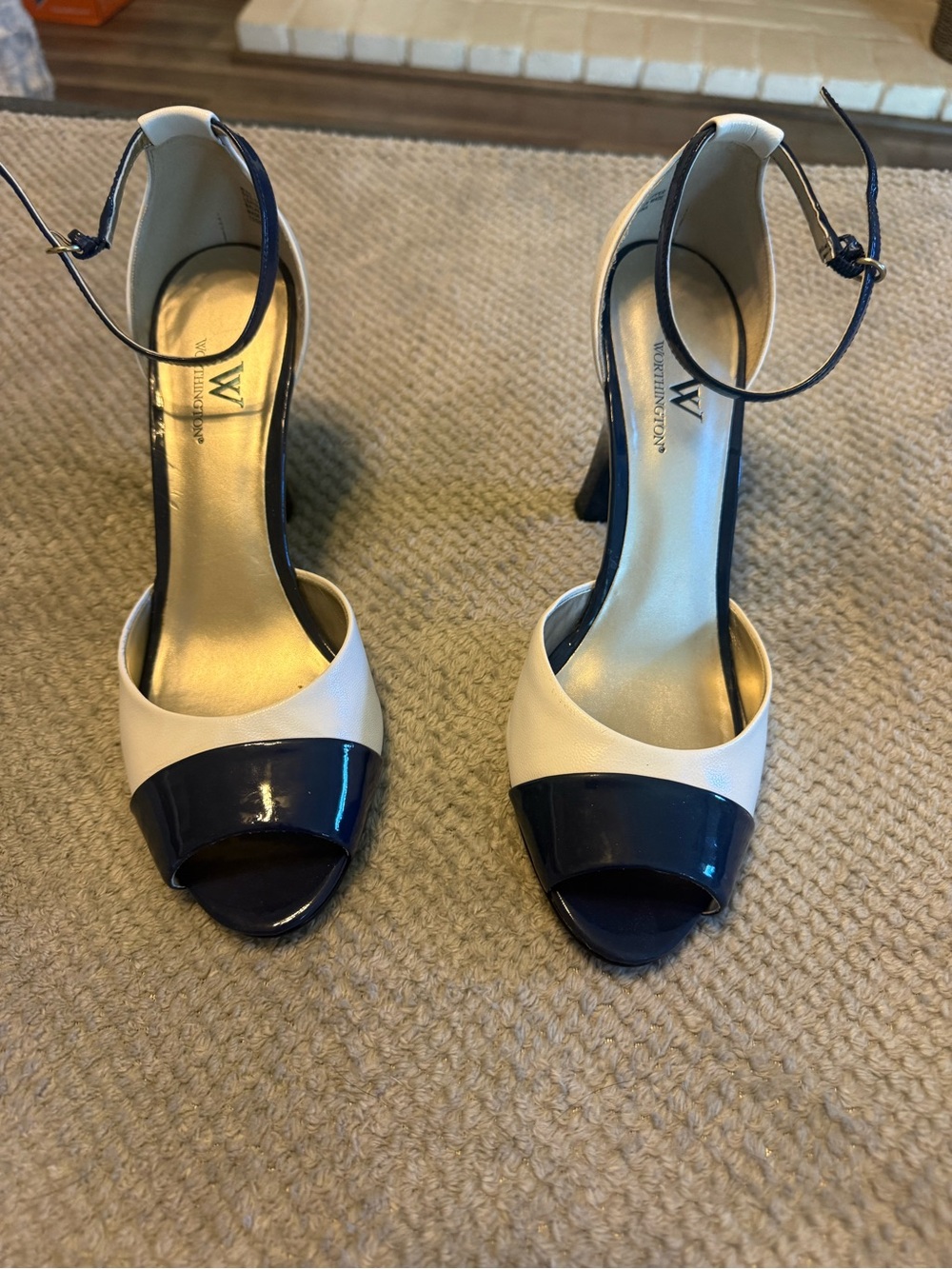 Worthington Navy and White Ankle-Strap 2 inch Heels